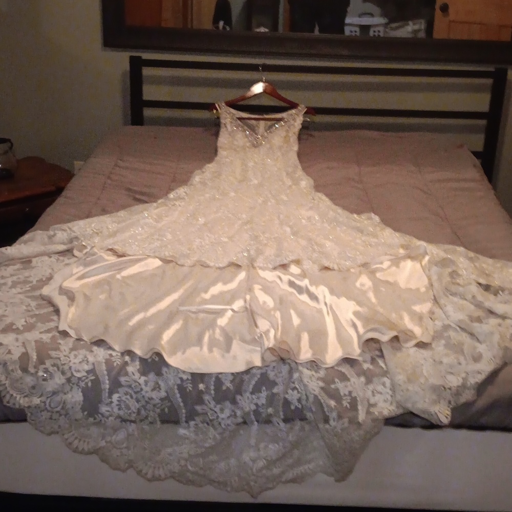 Never worn Wedding Gown size 3 Brand unknown overall length is approx 90" - Picture 1 of 7